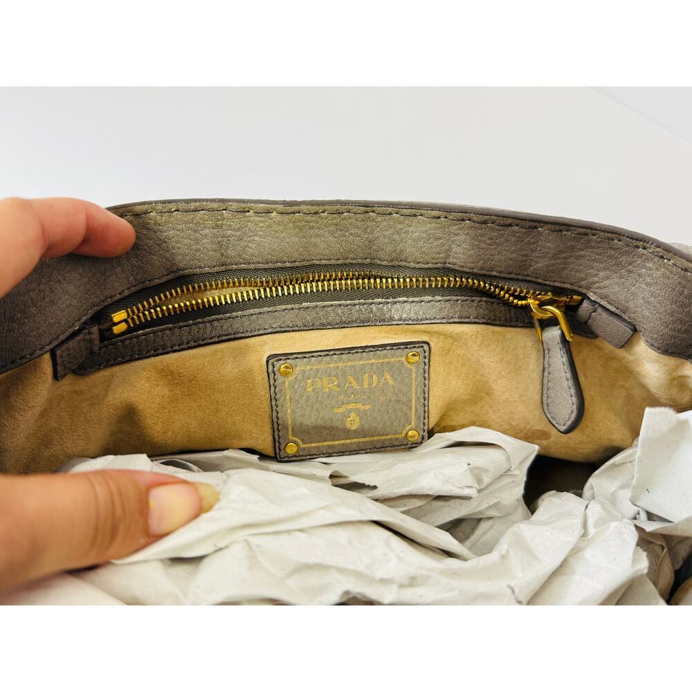 Vintage PRADA Handbag Womens Gray Deerskin Leather Cervo Flap Gold Accent COA - Picture 13 of 16